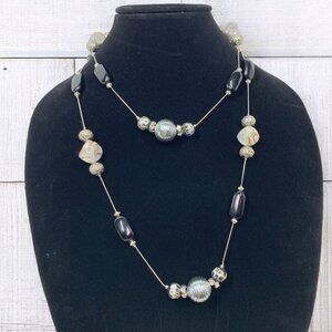 Polished Stone Beaded Station Necklace XL Length Silver White Gold & Black 45"L